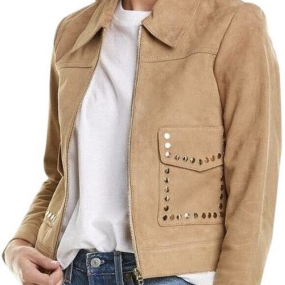 Sandro Paris Tan Patriote Studded Pockets Suede Leather Jacket Size 2 or Medium